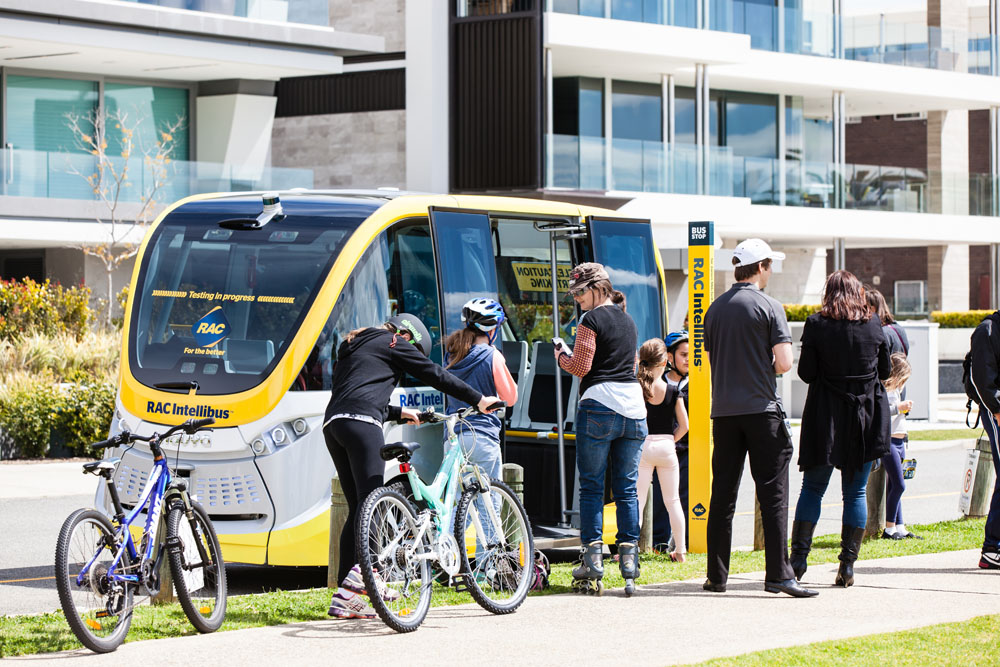 Intellibus exterior at South Perth foreshore next to cyclists